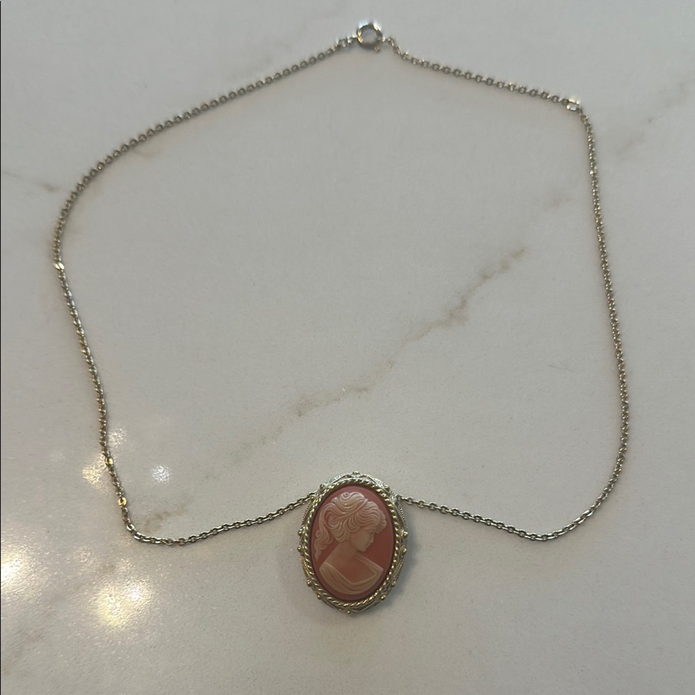 Cameo Necklace Pendant Brooch or Pin SARAH COVENTRY VINTAGE Gold Pink EUC